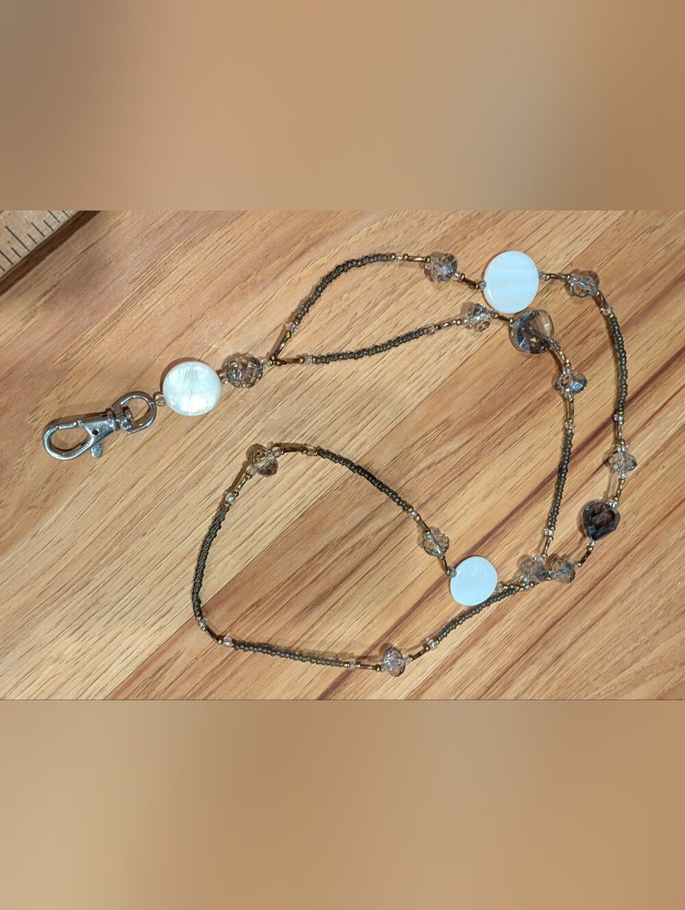 Beaded Lanyard Necklace with White Mother-of-Pearl Discs